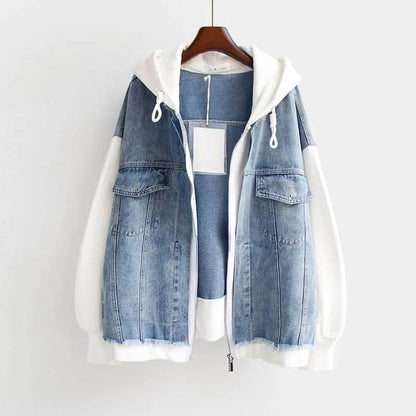 Fake Two-piece Denim Hoodies Coat Women Spring Autumn Trend Cardigan Hoodie Casual Loose Hooded Baseball Jacket Streetwear Woman.
