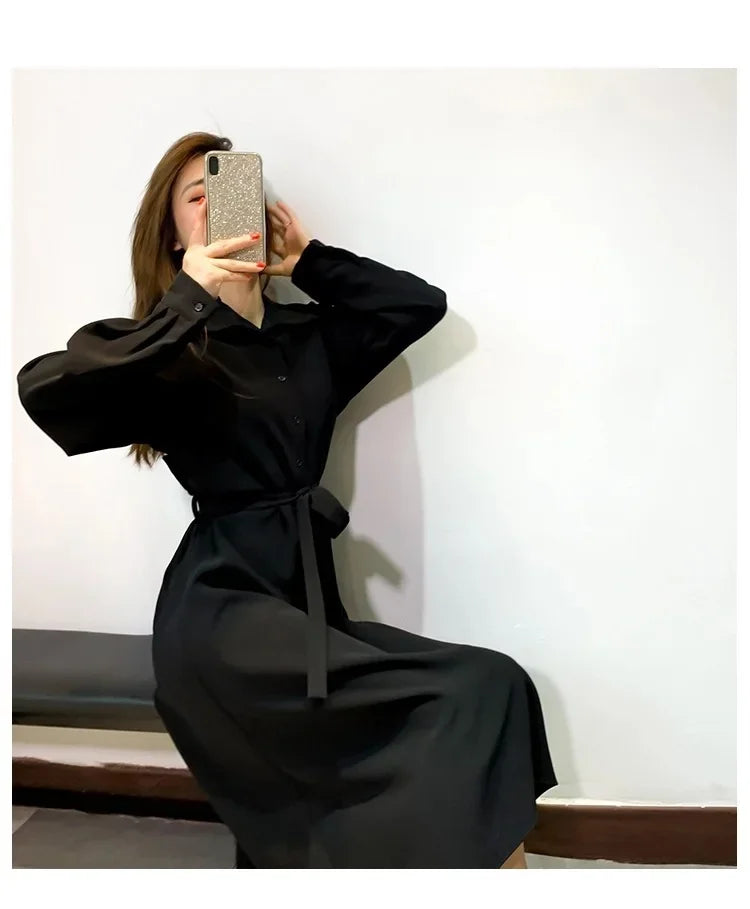 Hebenopis Damen Langes Kleid 2025, Frühling und Herbst, neues, tailliertes, schlankmachendes, elegantes schwarzes Kleid, Kleidung, schmale Passform für Damen.