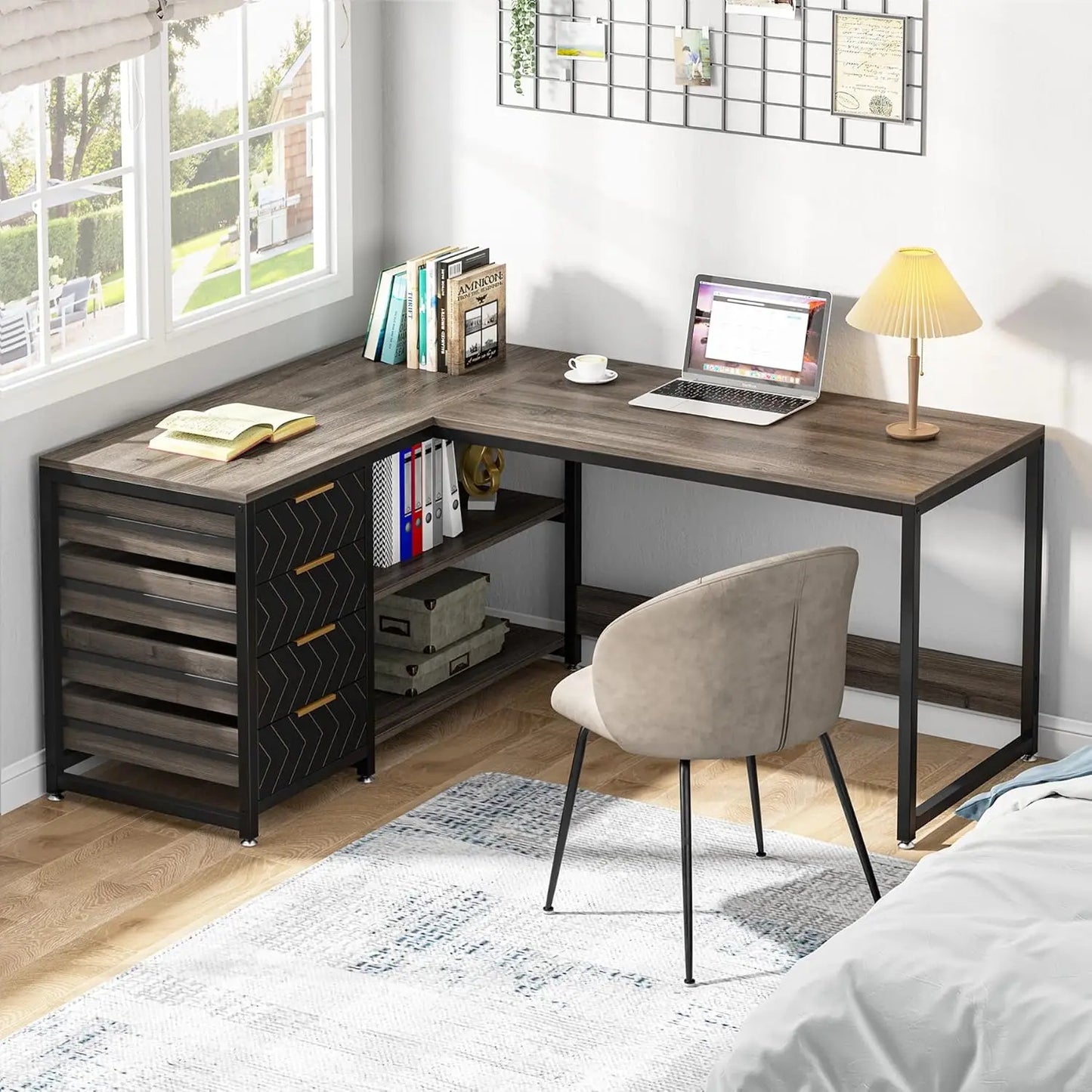 L-förmiger Computertisch mit Schubladen, 59-Zoll-Eckschreibtisch mit Regalen, Arbeitszimmer-Schreibtisch für das Heimbüro