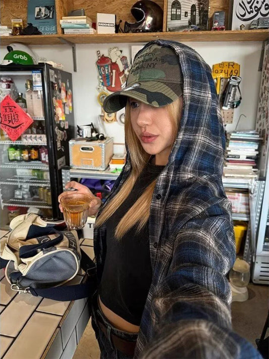 HOUZHOU Vintage Plaid Shirts Women Harajuku Long Sleeve American Style Drawstring Hooded Blouses Loose Casual Streetwear Spring.