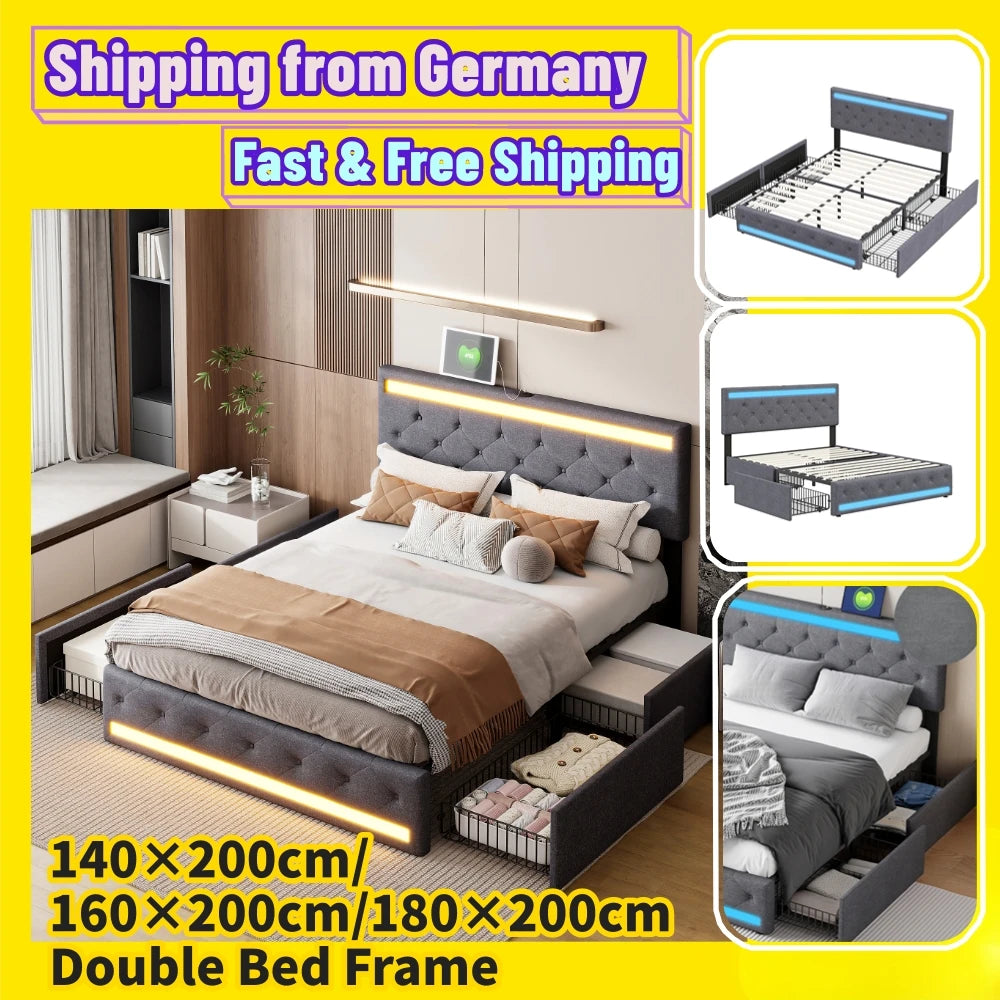 Comanlai 140 x 200 cm/160 x 200 cm/180 x 200 cm Doppelbett mit LED-Licht und 4 Schubladen, gepolstertes Bett mit USB-Ladeanschluss, Leinen