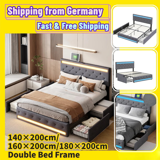 Comanlai 140 x 200 cm/160 x 200 cm/180 x 200 cm Doppelbett mit LED-Licht und 4 Schubladen, gepolstertes Bett mit USB-Ladeanschluss, Leinen