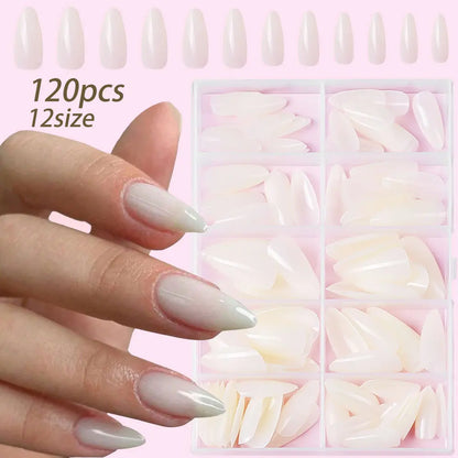 360/240/120pcs Light Pink Almond Press On Nails Glossy White French Fake Nail Simple Full Cover Fake Nails Soft Gel Nail Tips*%&.