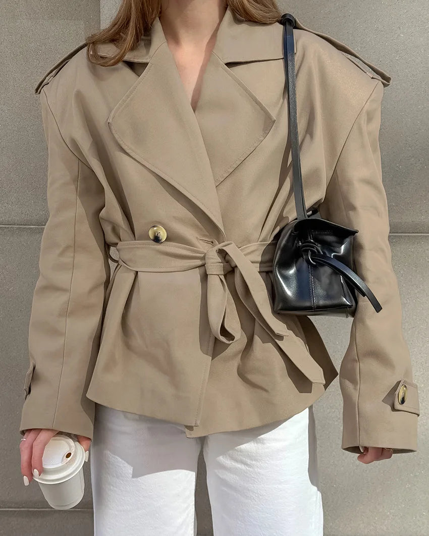 2025 Women Fall Lace-up Cropped Trench Coat Fashion Lapel Long Sleeves Wide Shoulder Windbreaker Jacket Commuting Daily Jackets