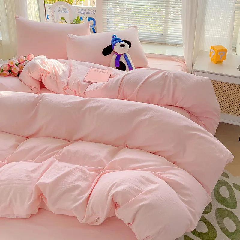 Solid Bed Linen Cotton Bedding Set 4pcs with Sheet Duvet Cover Pillowcases Single Couple Bedsheet Single Couple Twin Size.