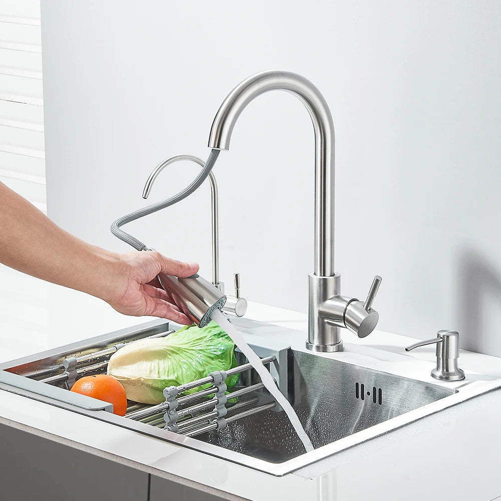 Edelstahl-Küchenspüle mit Wasserhahn, Trinkwasserhahn/Seifenspender, 55 x 45 cm, Spülbecken-Set mit Abflussset/Korb