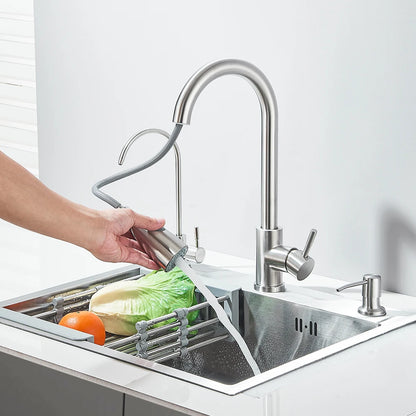 Edelstahl-Küchenspüle mit Wasserhahn, Trinkwasserhahn/Seifenspender, 55 x 45 cm, Spülbecken-Set mit Abflussset/Korb