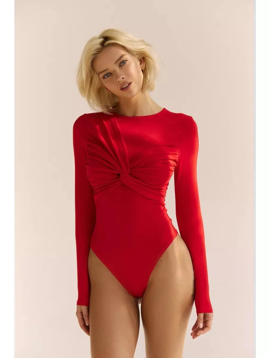 Autumn Long Sleeves Pleated Cross Over The Chest Slim Bodysuits Solid Fashion Sexy High Street Nightclub Party Outfits Jumpsuits.