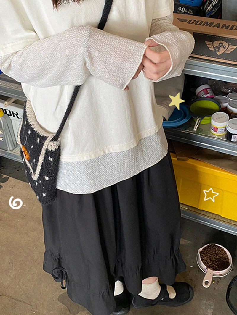 Vintage Black Midi Skirt Women Japanese Harajuku Drawstring Bud Skirts Summer Streetwear Korean Casual Design A Line Faldas New.