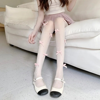 Sweet Japanese JK Bow Pearl White Stockings Sexy Women Lolita Ultra-thin Anti Hook Silk Pantyhose Compression Socks.