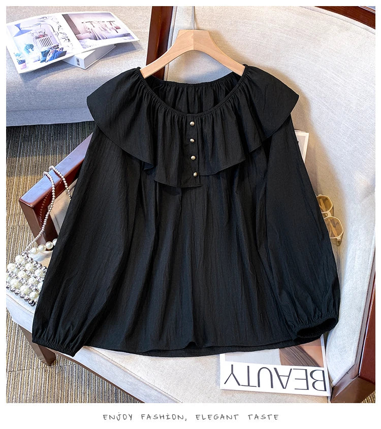 2025 French Large Size Long Sleeve O-neck Solid Color Loose Ruffle Shirt Ladies Spring Autumn Plus Size Blouses for Women