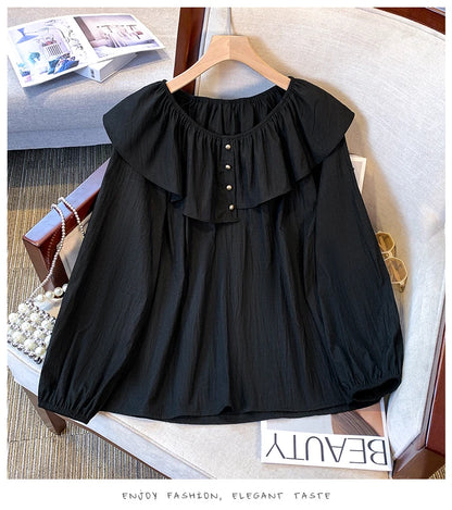 2025 French Large Size Long Sleeve O-neck Solid Color Loose Ruffle Shirt Ladies Spring Autumn Plus Size Blouses for Women