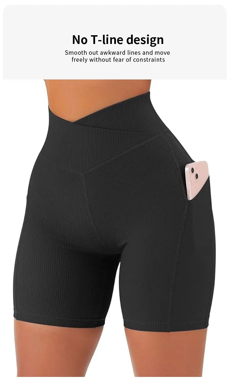Sports Short Women Cross Workout Yoga Shorts with Pockets 5" High Waist Booty Biker Short.