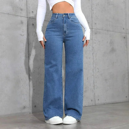 High Waist Straight Leg Women's Jeans Rhinestone Washed INS Style Imported New Model Blue Denim Trousers Female Fashion.