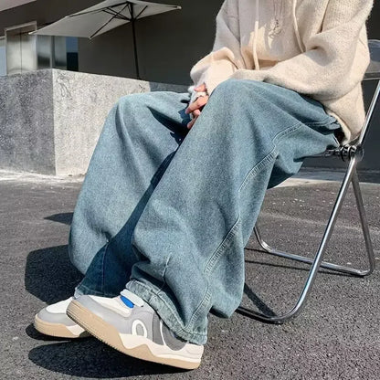 2024 New Trendy Wide-Leg Jeans Men's Loose-Fit Straight-Leg Casual Long Pants Vintage Washing Distressed Style.