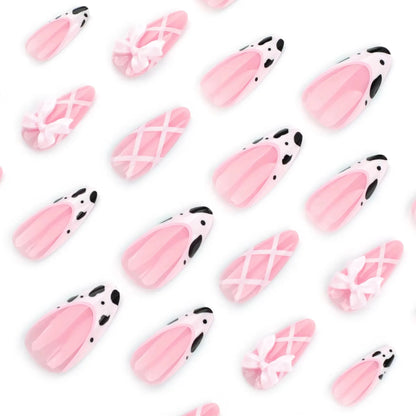 White Glitter Powder Bowknot Long Pointed Fake Nails Art Ballet False Nail Cow Print Pearl Rhinestone Pink Almond Press on Nails.