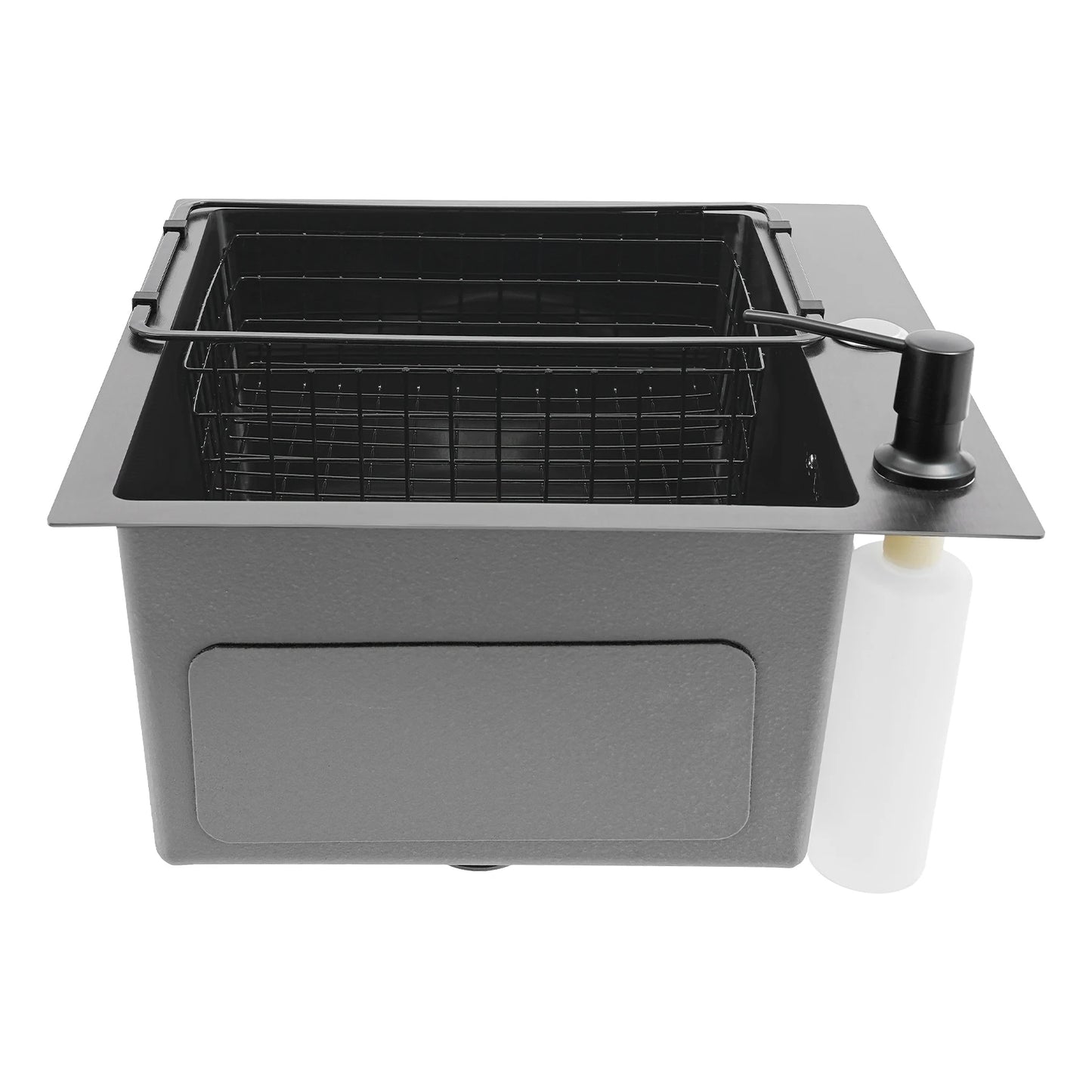 Spülbecken aus Edelstahl 201, schwarz, Deckenmontage, Unterputz-Spülbecken-Set mit Abflusskorb, Seifenspender, Küchenspüle