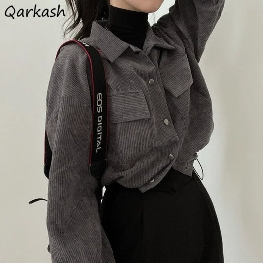 Crop-Jacken für Damen, Cord, rein, einfach, Vintage, koreanische Mode, Button-up-Kleidung, Baggy-Temperament, Jep Diego Diego Teens Streetwear
