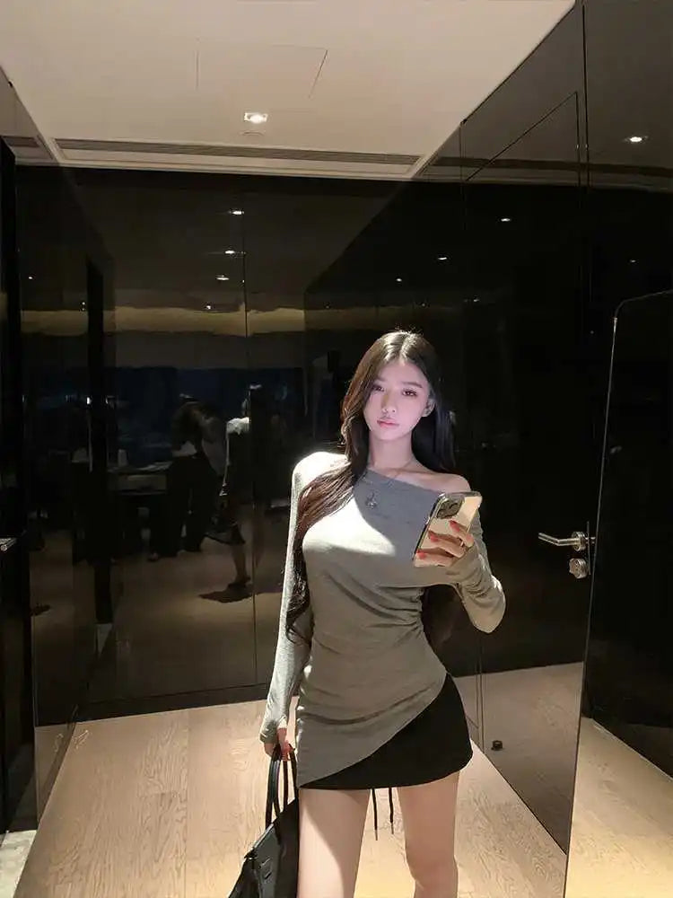 Sexy Long Sleeve T-Shirt Shoulder Bared Waist Cinched Slim Fit Knitted Cotton Solid Color Casual Urban Style for Early Autumn