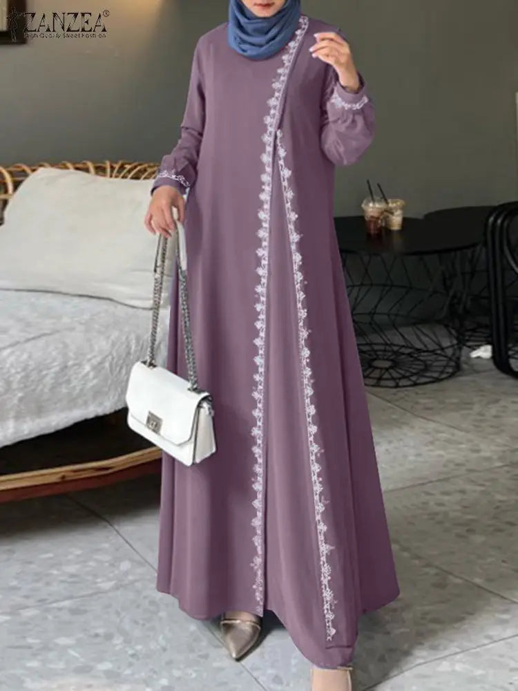 ZANZEA Autumn Women Long Sleeve O Neck Muslim Maxi Dress Kaftan Elegant Lace Crochet Loose Turkey Abaya Vestidos Islamic Dresses.