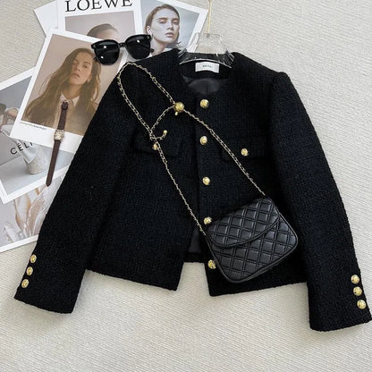 Schwarz Tweed Jacken Frauen Koreanische Mode Metall Schnalle Design Kurze Mäntel Frau Herbst Winter Einreiher Oansatz Oberbekleidung