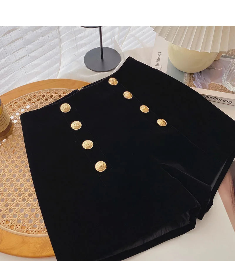 Velvet Black High Waist Slim Shorts Thicked Women's Winter New Korean Fashion Double-breasted Wide Leg Short Pants.