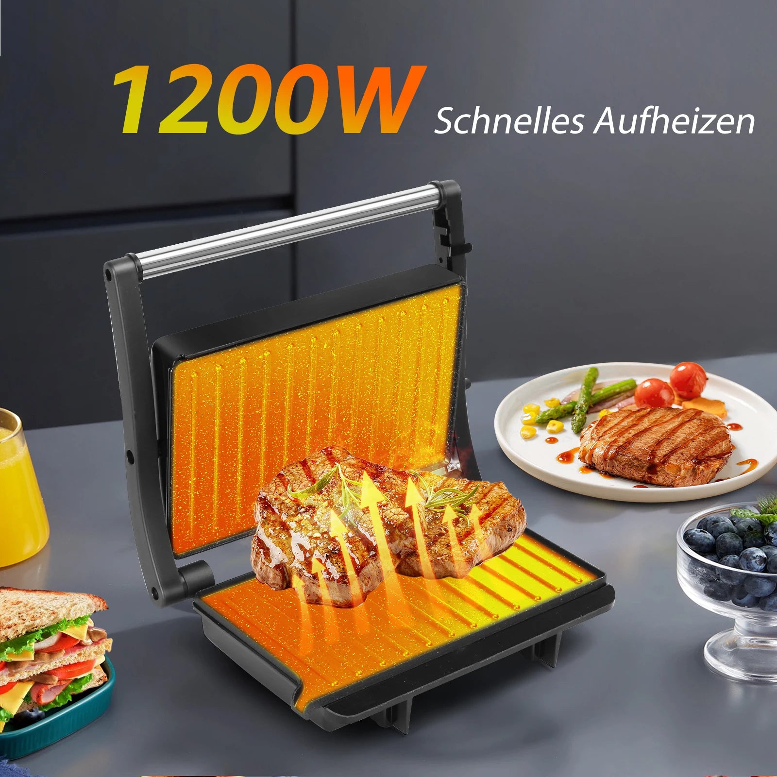 Aigostar Contact Grill for Sandwiches, Steak, Panini Grill and Sandwich Maker with Non-Stick Coating, 1000W, 23 X 14.5cm.