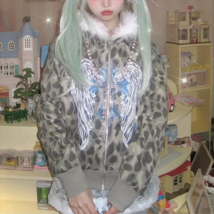 Y2K Gothic Short Woman Coat Womens Clothes Harajuku Graphic Printed Fur Collar Slim Zipper Jacket Autumn Winter Clothing.