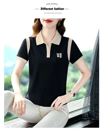 Fashionable Short Sleeve Polo Shirt Women's Summer Sporty Hong Kong Style Top High End Mixed Fabric Slim Fit T-Shirt.