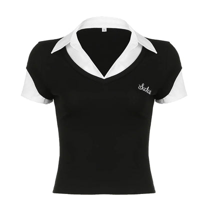 Fashionable and minimalist college style contrasting color lapel fake two piece T-shirt versatile short sleeved top