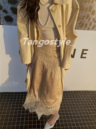 High-End Retro Satin Lace Stitching Skirt Women's 2024 Summer High Waist Slimming Court Style Temperament Mid-Length Skirt