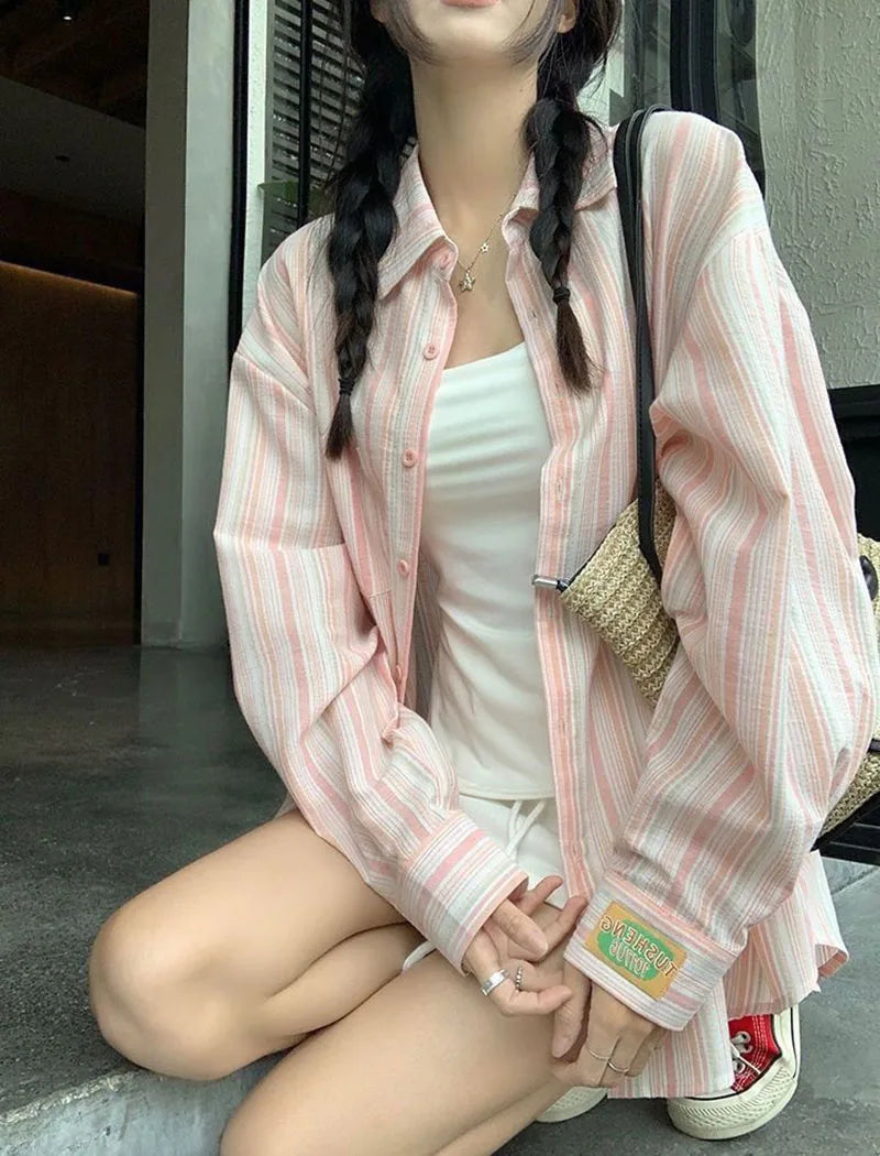 Pink Striped Shirt Women Korean Style Loose Long Sleeved Button Up Blouse Ladies Autumn New Wild Streetwear Casual Shirts 2025.