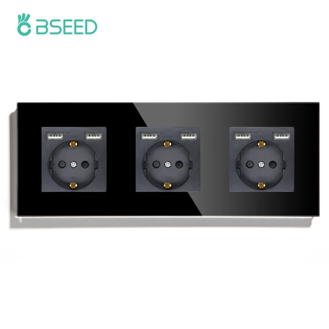 BSEED Einzel-EU-Glassteckdose mit USB-Wandsteckdosen, doppelte Steckdosen, dreifache Steckdosen, USB-Typ-C-Anschlüsse, Schwarz, 16 A.