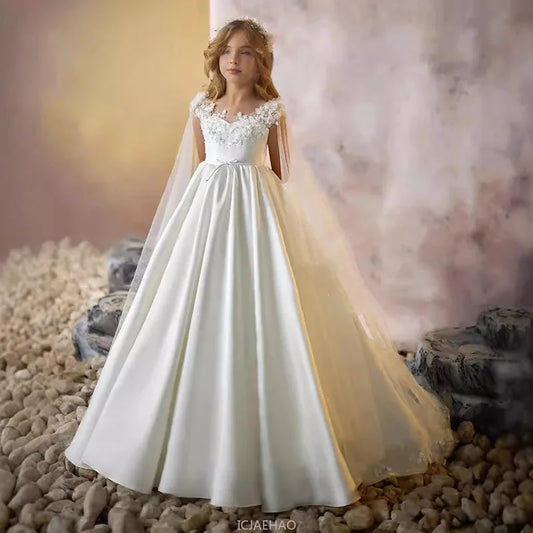 Weißes Mädchen-Hochzeits-Blumenmädchenkleid für Kinder, ärmellos, Ballkleid, langer Zug, Party, Festzug, Klavier, Rezital, Geburtstag, Leistung, Neu