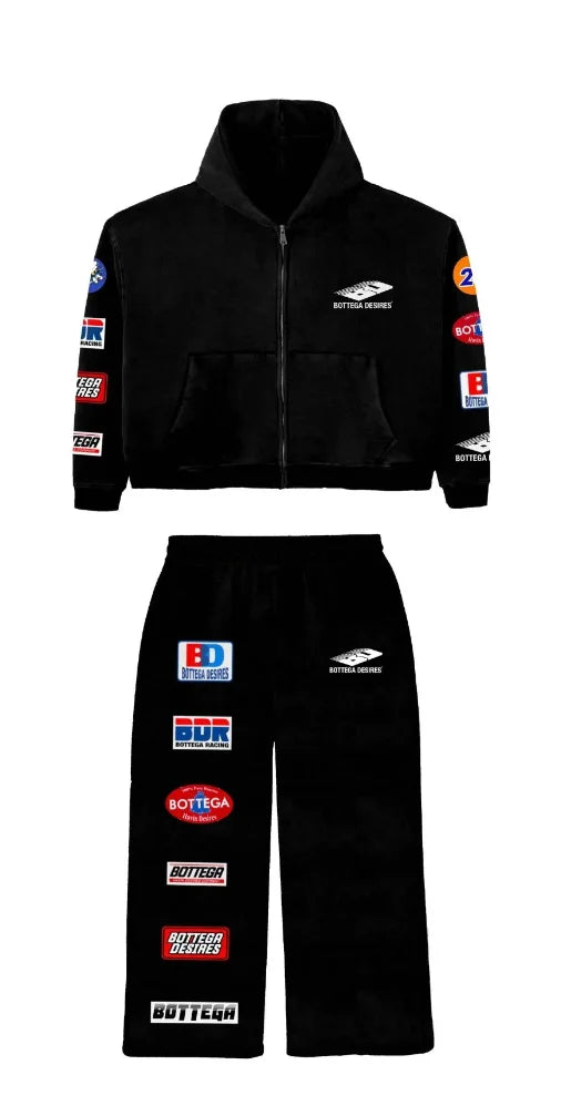 Black trendy patterned hip-hop sportswear set Y2K hooded zipper top with brand logo print and multiple badges streetwear fashion.