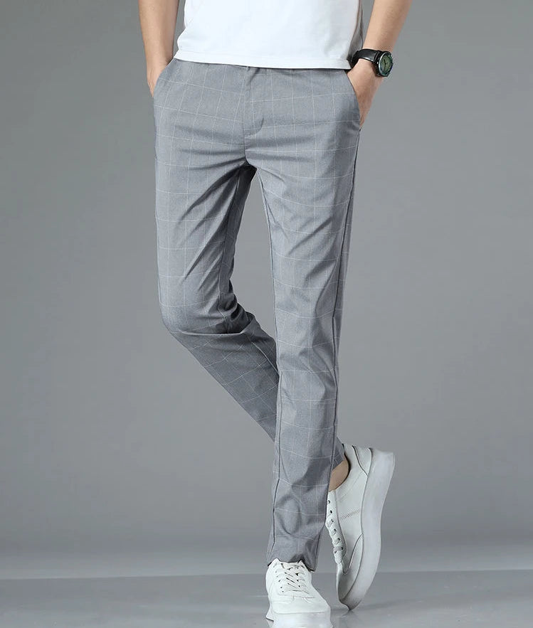 Male Suit Trousers Check Cooling Ice Silk Plaid Straight Up Clothes Offer Slacks Designer Men's Summer Pants Fabric 2025 Classic.