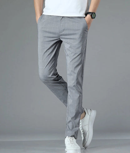 Male Suit Trousers Check Cooling Ice Silk Plaid Straight Up Clothes Offer Slacks Designer Men's Summer Pants Fabric 2025 Classic.
