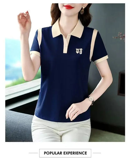 Fashionable Short Sleeve Polo Shirt Women's Summer Sporty Hong Kong Style Top High End Mixed Fabric Slim Fit T-Shirt
