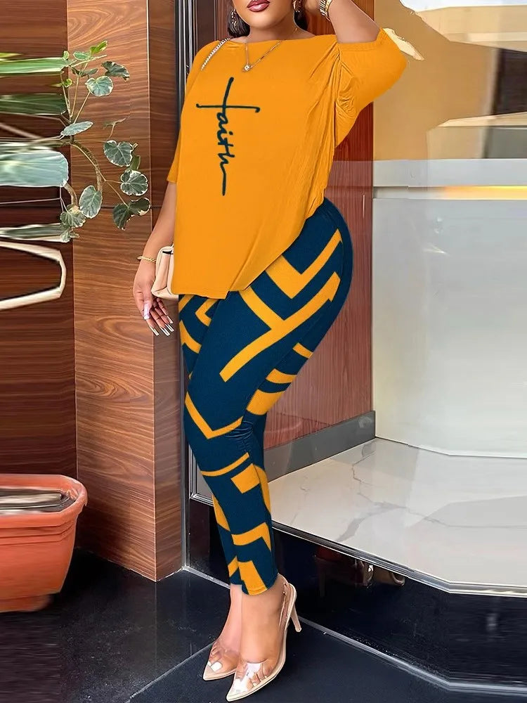 Autumn Women's Clothing New Fashion Print Sexy Backless Round Neck Five Quarter Sleeve Pants Two-piece Casual Comfortable Set.