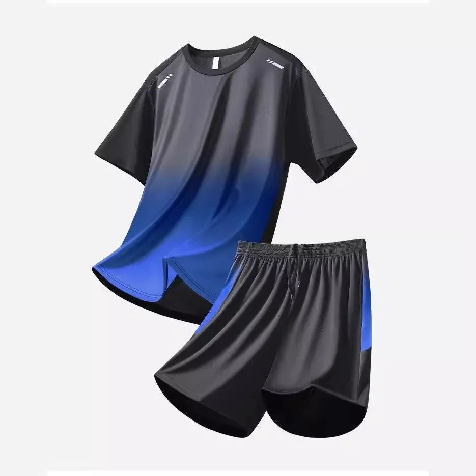 Men's Fitness Ice Silk Sports Suit Short Sleeve Training Room Basketball Morning Run Summer Outfit Shorts And T-shirt Set.