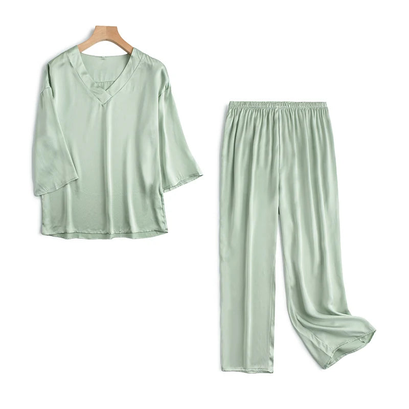 Women 100% Pure Mulberry Silk Charmeuse Silk V Neck Pajama Set Casual Loose Sleepwear Nightwear L XL SQ001.