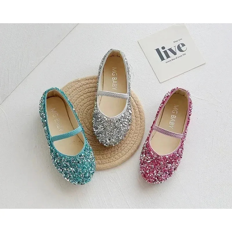 2025 Spring 1 to 12 years old girls dress shoes Beauty Pointed Toe Teen Girl Leather Shoes Bling Princess Wedding Shoes.
