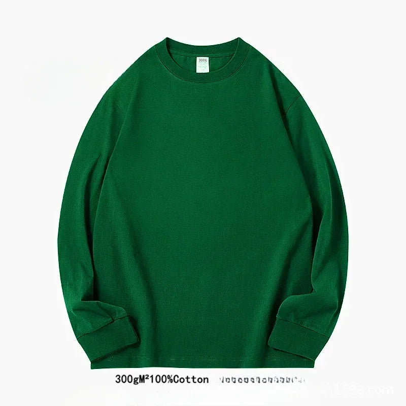 Spring Autumn 300g Heavy-duty Pure Cotton Long Sleeved  T-shirt FLoose White Top Thick Base Layer Underneath for Men and Women.