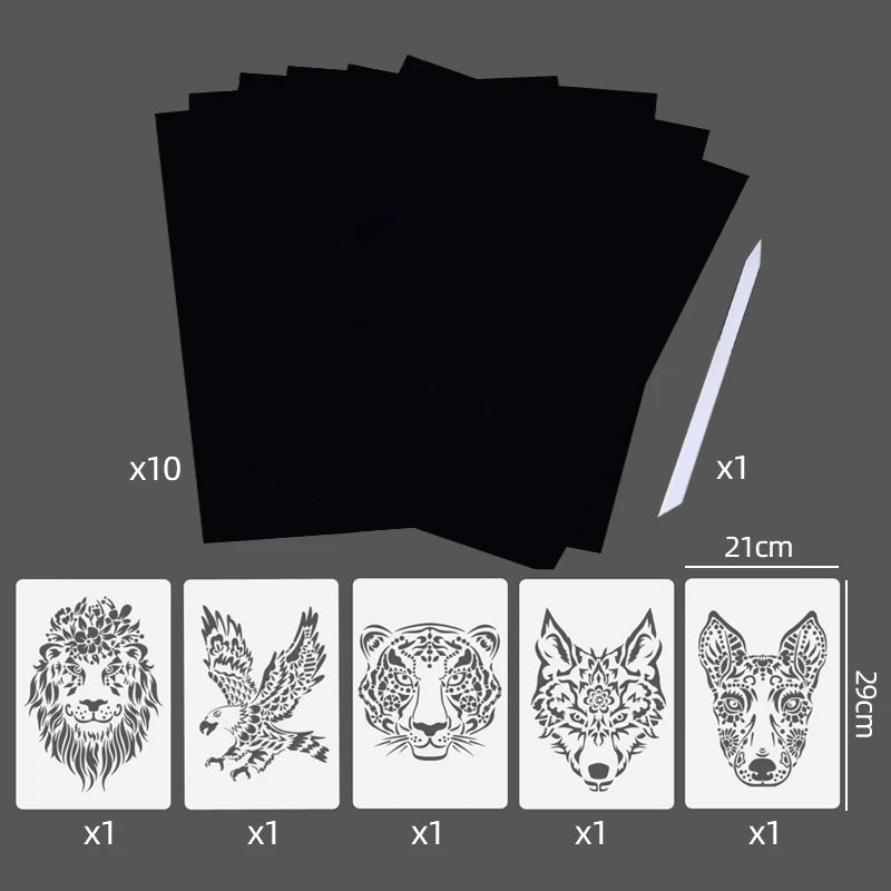 Scratch Art Paper Set 10 Sheets 5 Stencil Templates World Landmarks Animal DIY Kit Creative Painting Craft Magic Toy Kids Gift