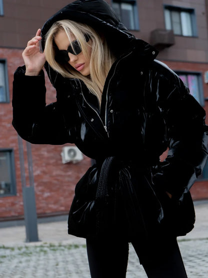 Frauen Glänzend Herbst Winter Mit Kapuze Baumwolle Gefütterte Jacke Lose Lange Hülse Spitze Up Warme Mantel 2025, Neue Dame Mode Party outwear