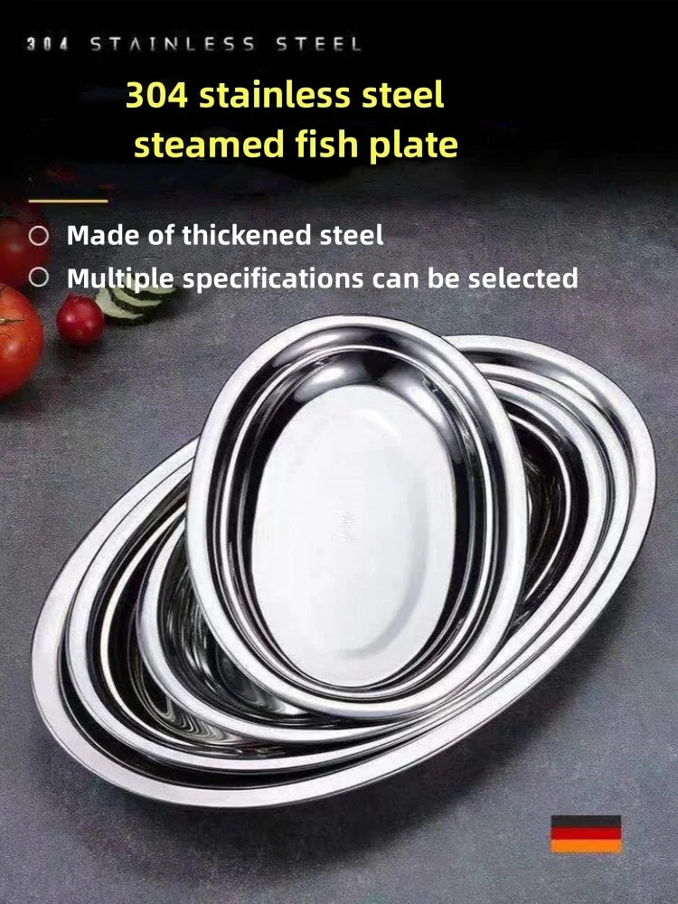 1Pcs 304 Stainless Steel Plate Oval Fish Dish Dinner Dessert Food Sushi Snack Steaming Fruit Dish Household Restaurant Tableware.