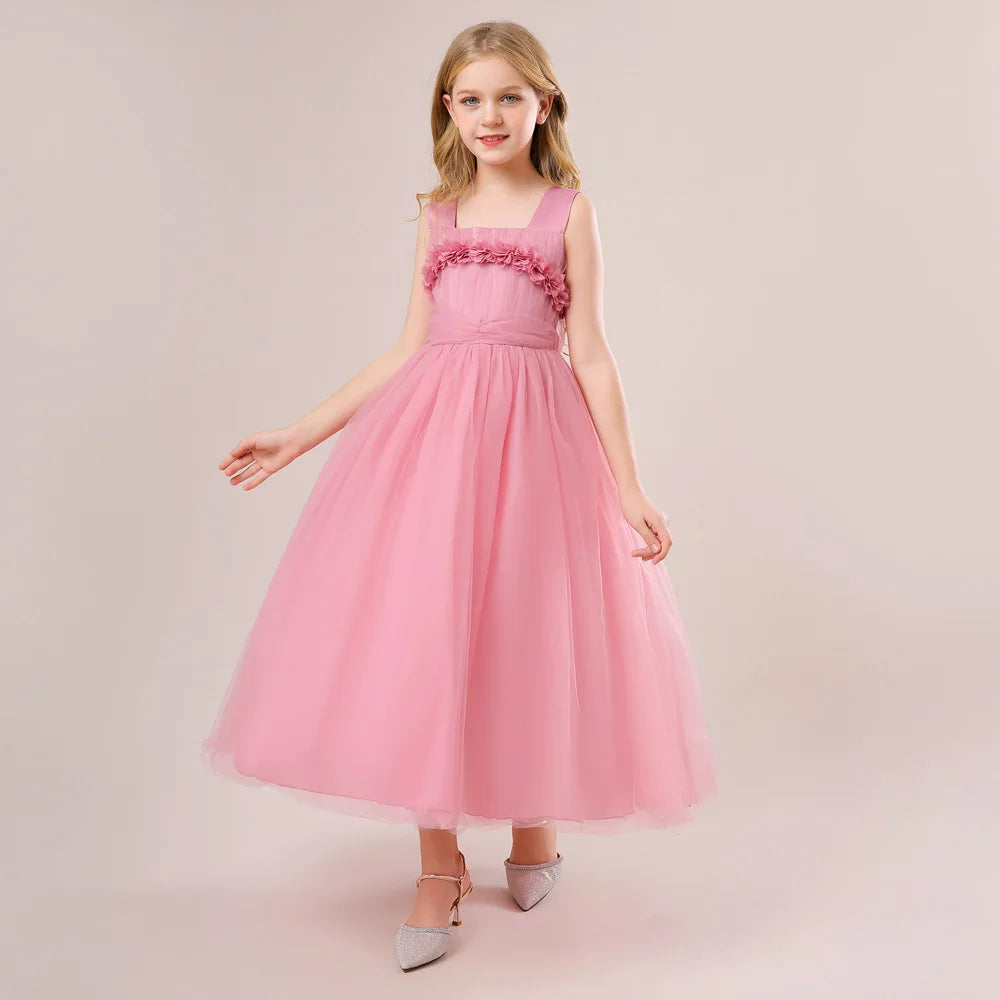 Mädchen Partykleider Weiß Langes Hochzeit Brautjungfer Prinzessin Kleid Abend Tüllkleid Abschlussball Klavier Performance Kleid.