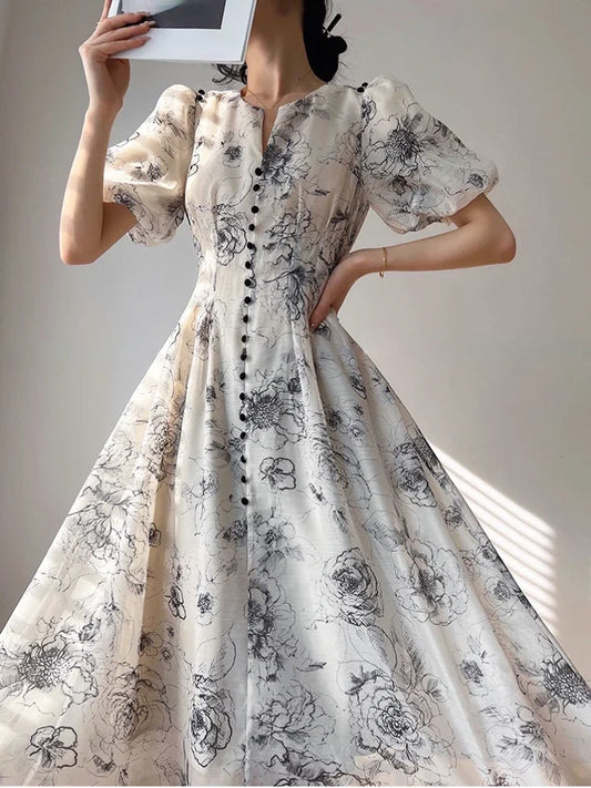 Büro Dame elegante Blumen Midi Kleid formelle einteilige Kleid koreanische Party Strand Langarm Freizeit kleid Frau 2024 Sommer Chic