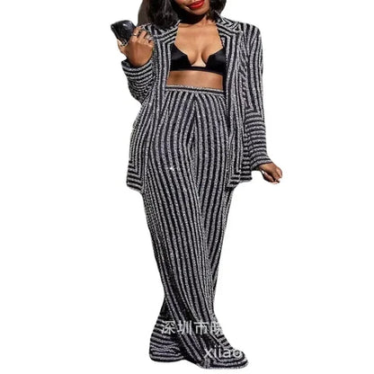Sexy Women Two Piece Sets Print Striped Slim Fit Full Sleeve Coats Office Ladies Knitted Floor Length Pants Set Temperament.