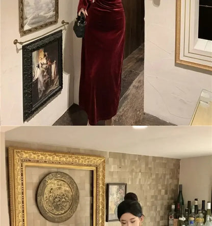 Internet Celebrity High-End-Samtkleid Leichtes, temperamentvolles, hoch tailliertes, schlankes, burgunderrotes Fischschwanzkleid